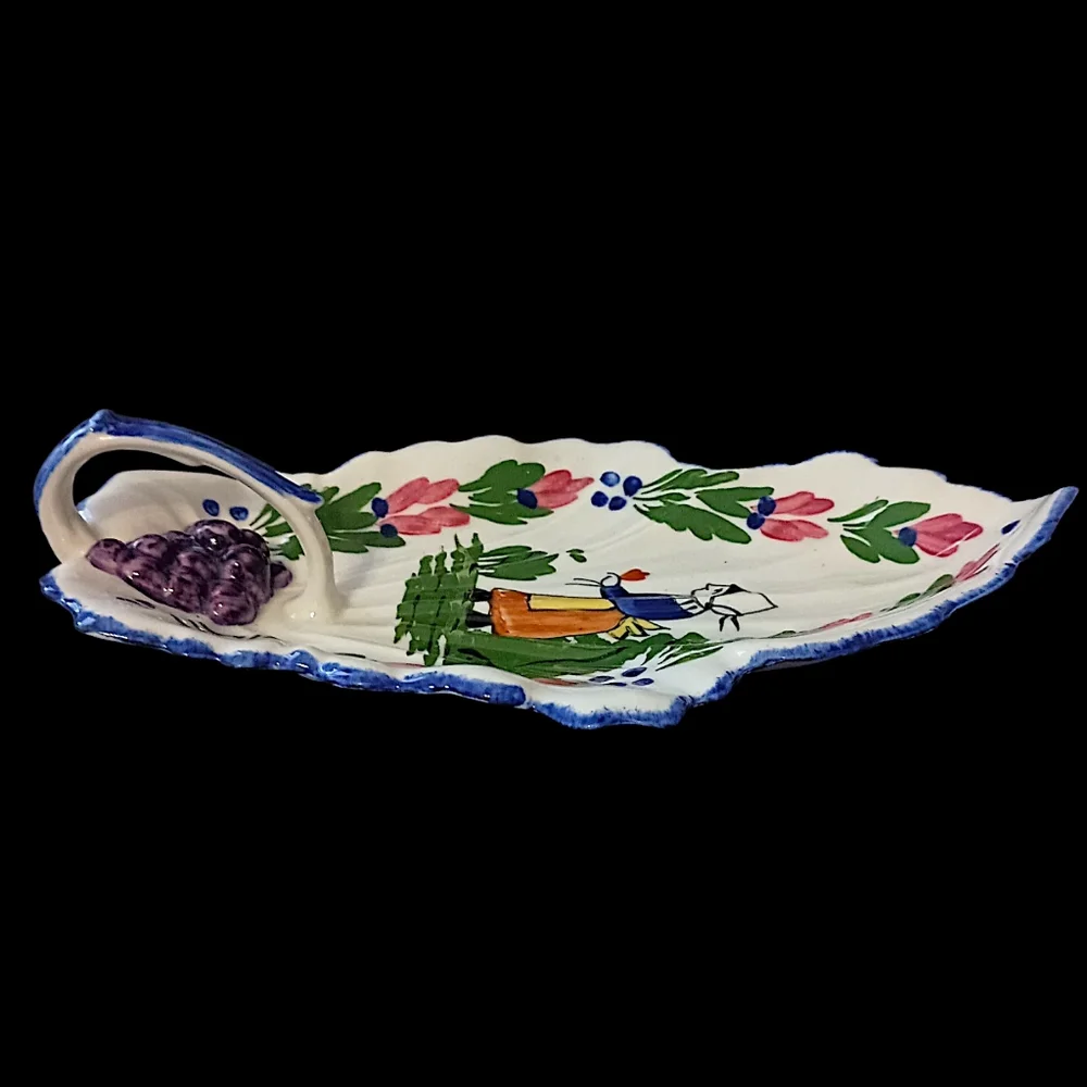 Blue Ridge Pottery Handled‎ Leaf Celery Dish Hand Painted Vintage French Peasant